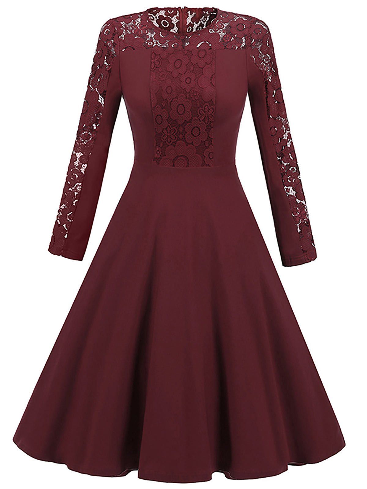 

Long Sleeve Lace Insert Vintage Skater Dress, Wine red