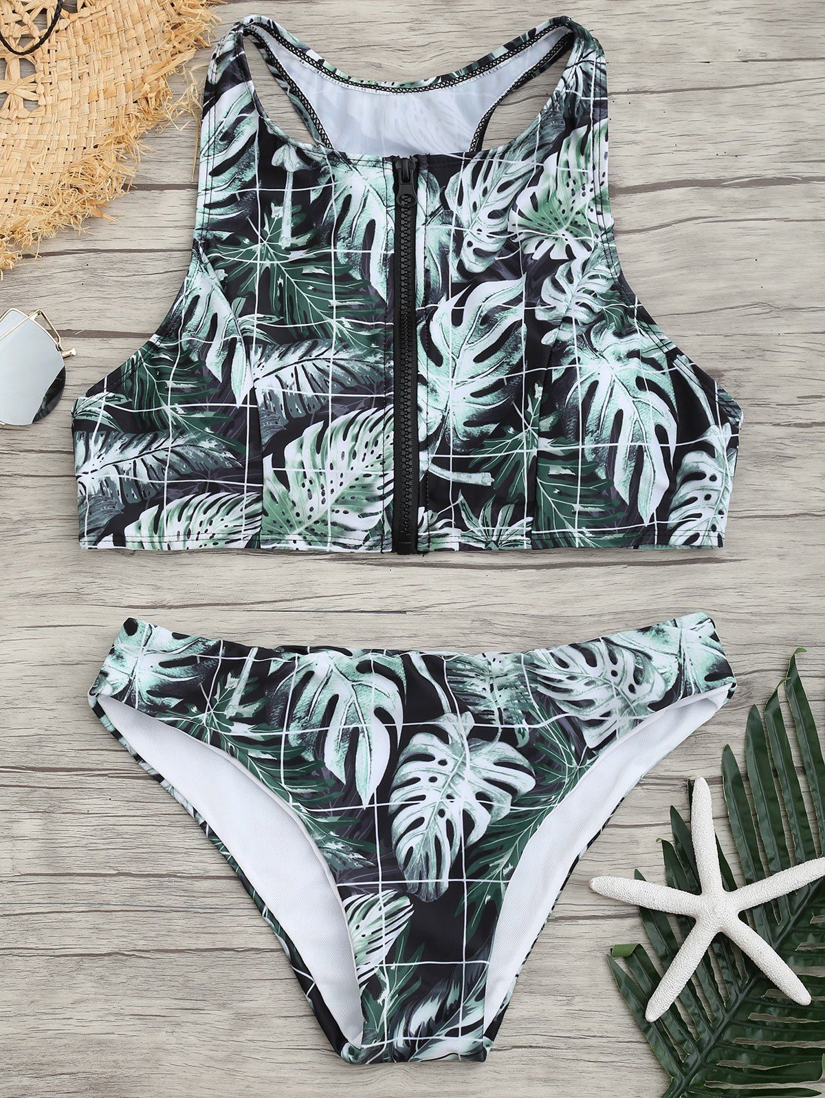 Shops Zip High Neck Leaves Print Bikini Set  