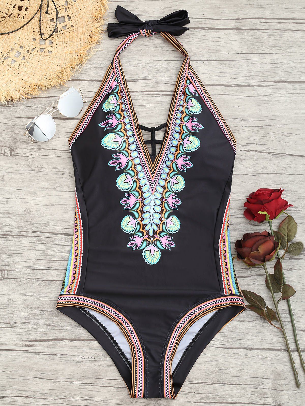 

Printed Low Back Halter Swimsuit, Black