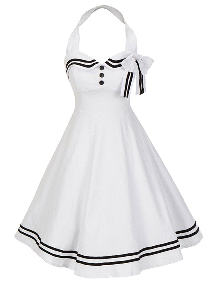 

Vintage Bowknot Backless Halter Skater Pin Up Dress, White