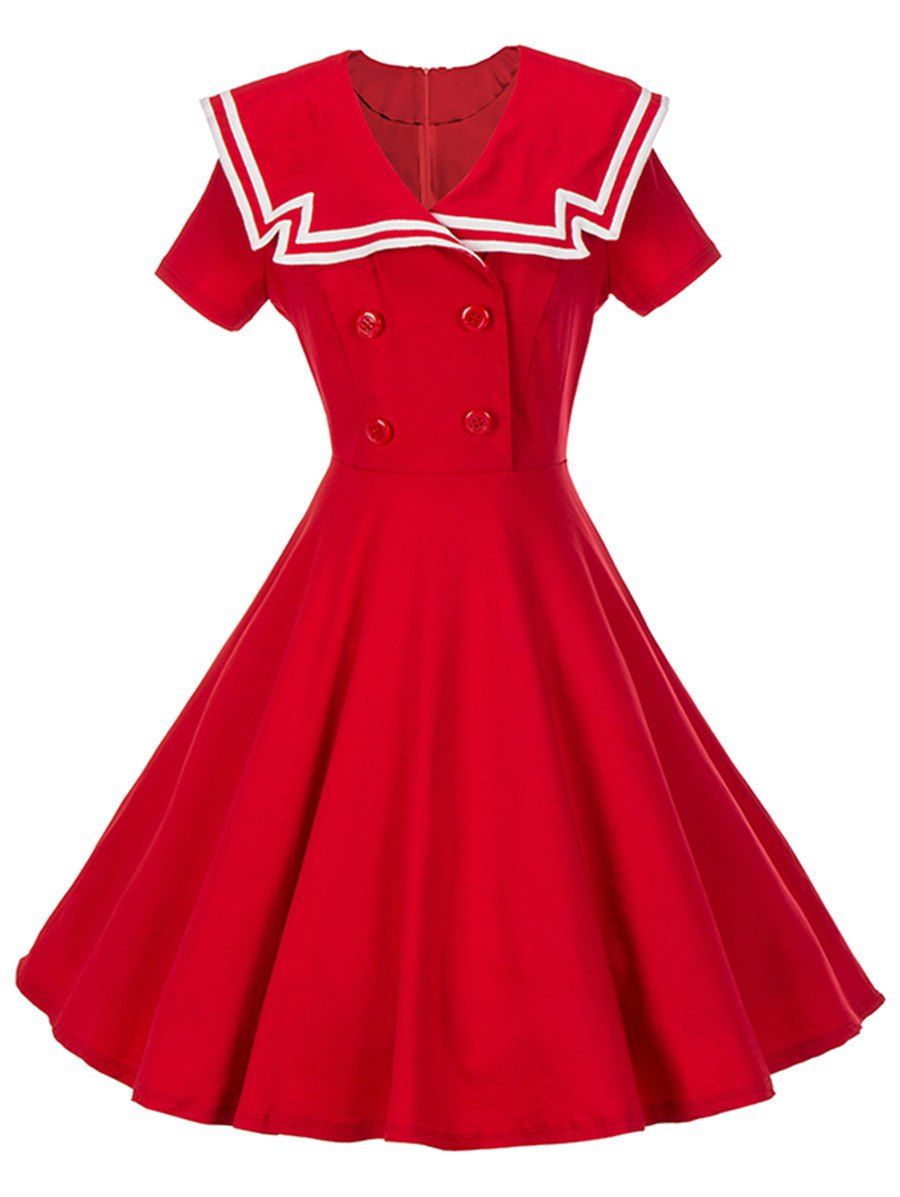 

Vintage Buttoned Sailor Collar Swing Dress, Red