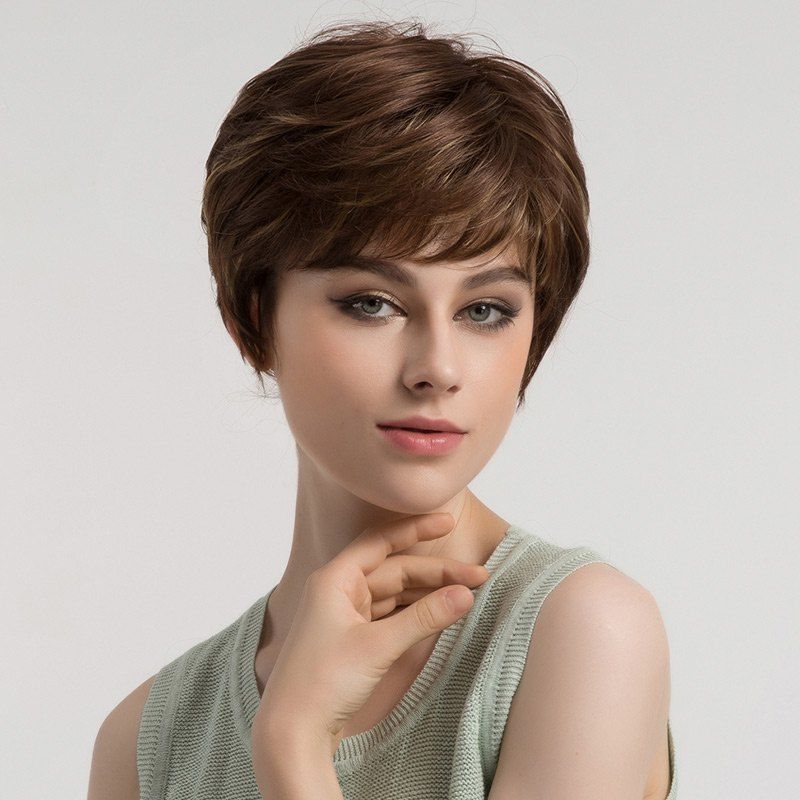 

Side Bang Short Layered Slightly Curly Synthetic Wig, Brown and golden