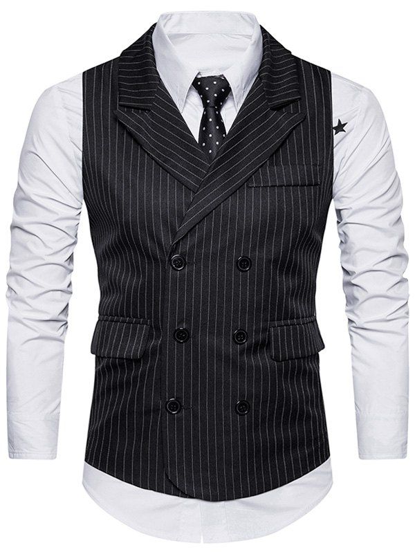 

Double Breasted Belt Vertical Stripe Waistcoat, Black