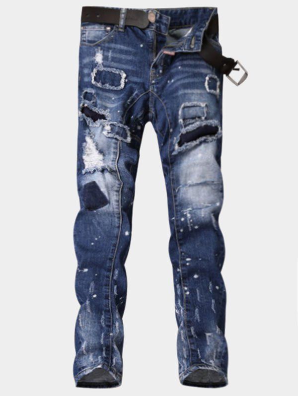 

Paint Print Patch Design Ripped Jeans, Blue