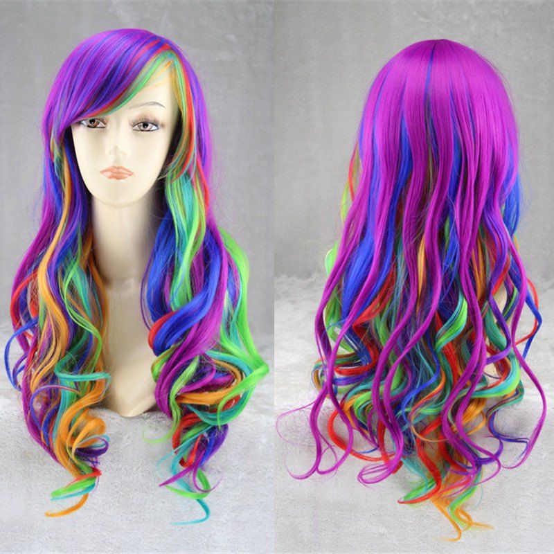 

Long Side Bang Fluffy Wavy Rainbow Synthetic Cosplay Anime Wig, Colorful
