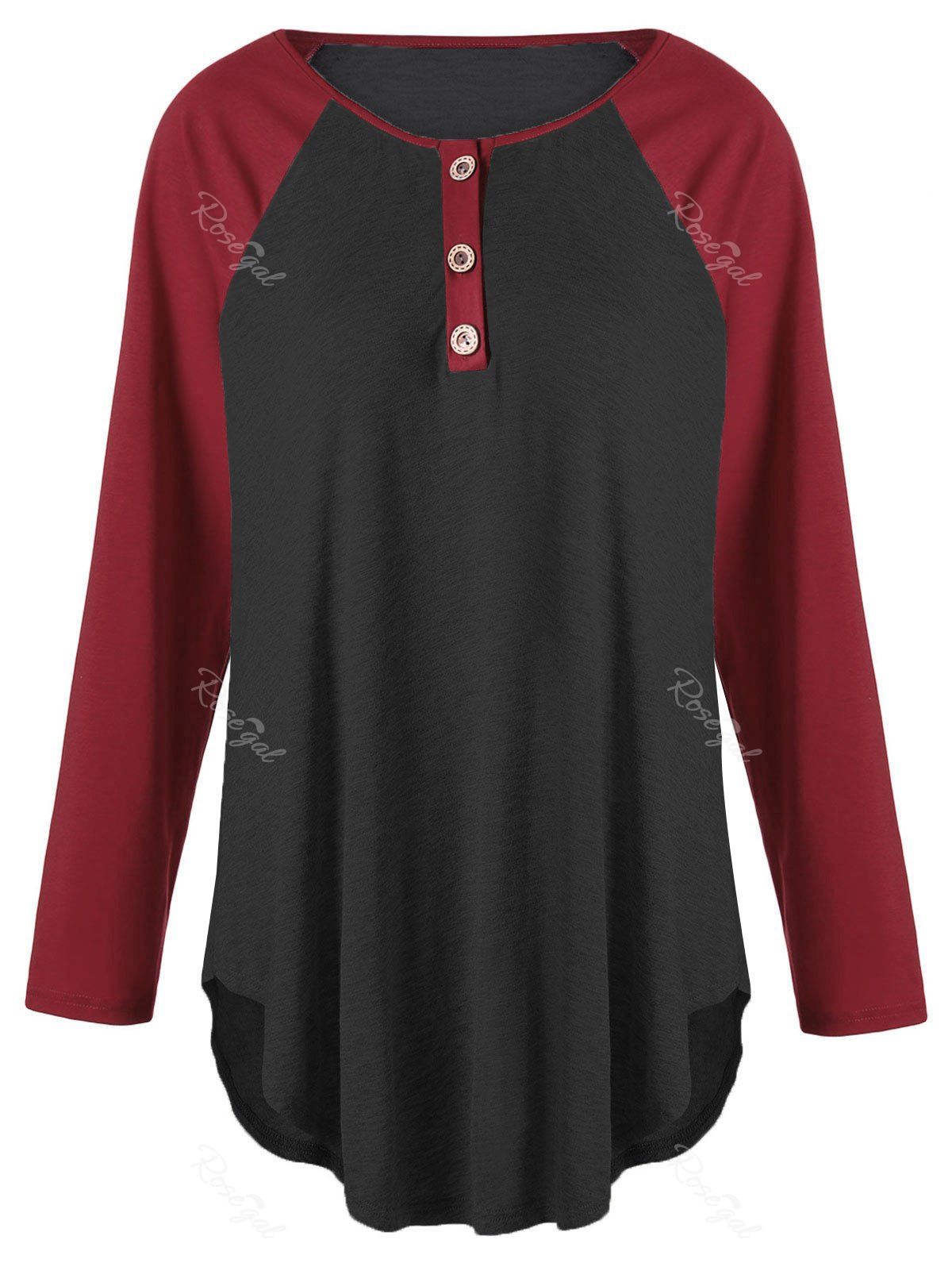 

Plus Size Two Tone Raglan Sleeve Top with Buttons, Black&red