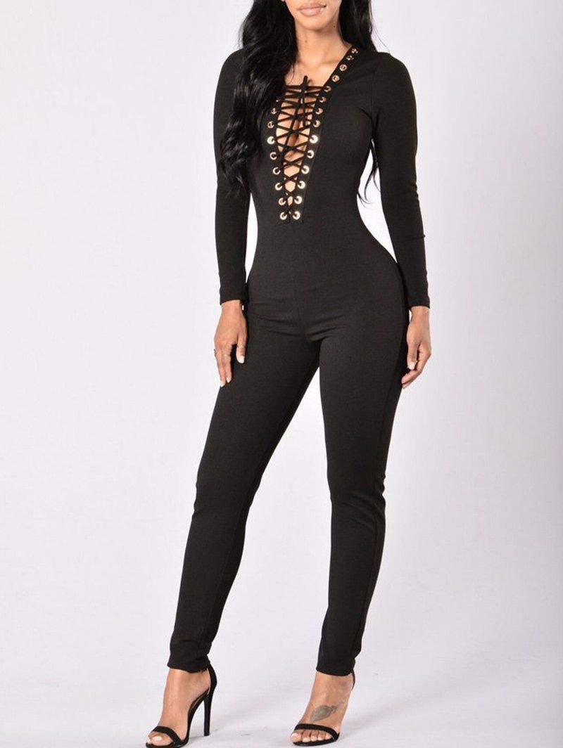 

Plunge Lace-up Bodycon Jumpsuit, Black