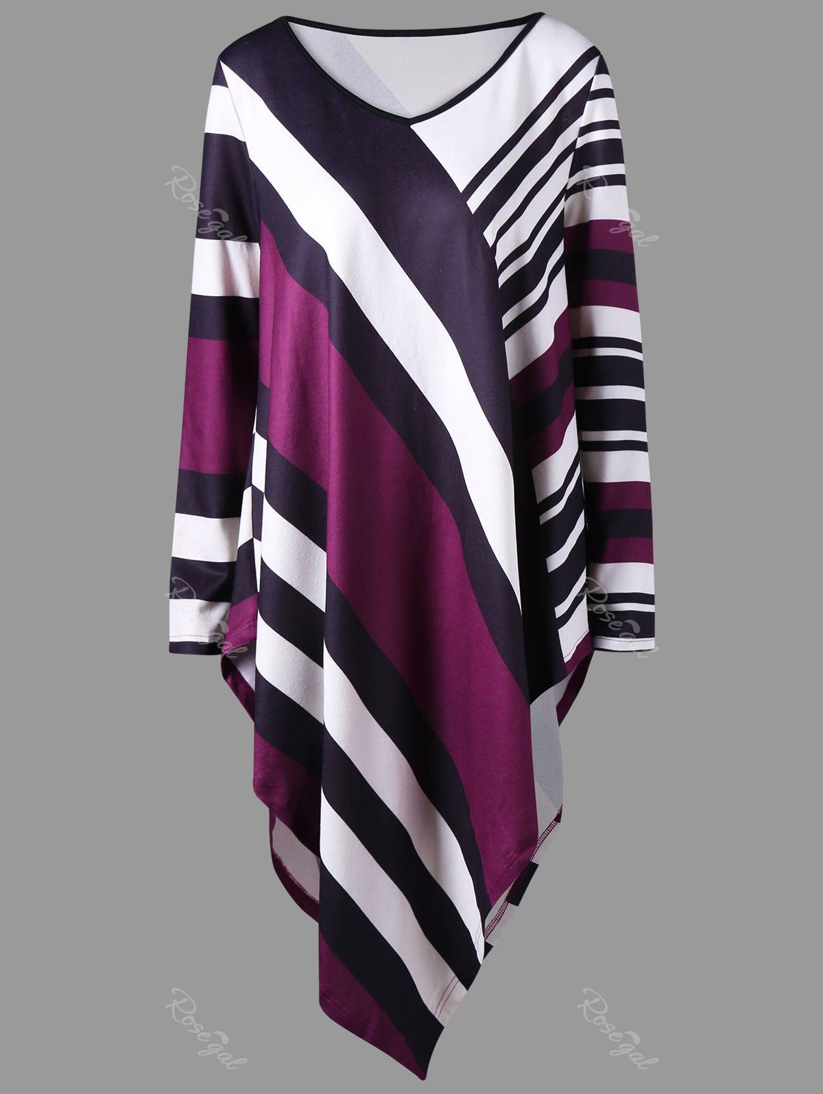 

Plus Size V Neck Striped Asymmetric Tunic Top, Colormix