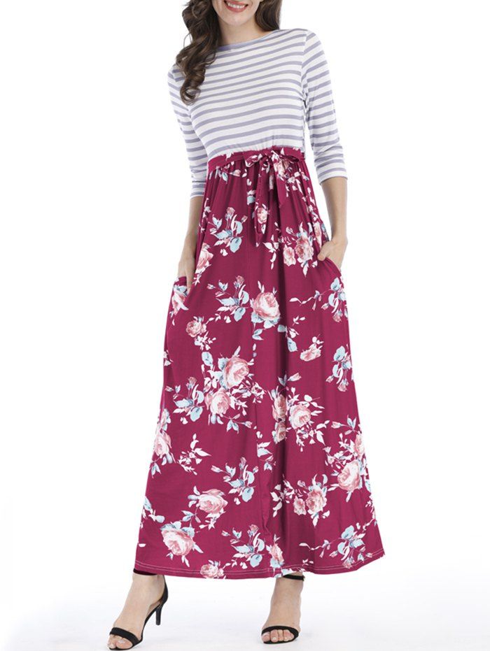 

Floral Striped Pocket Floor Length Dress, Rose red