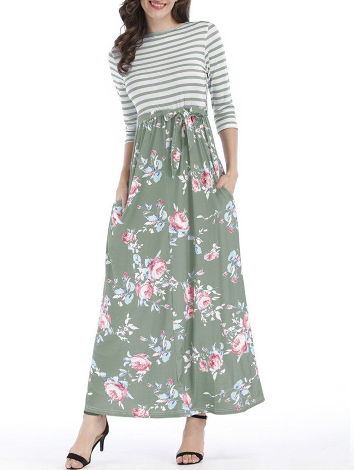 

Floral Striped Pocket Floor Length Dress, Green