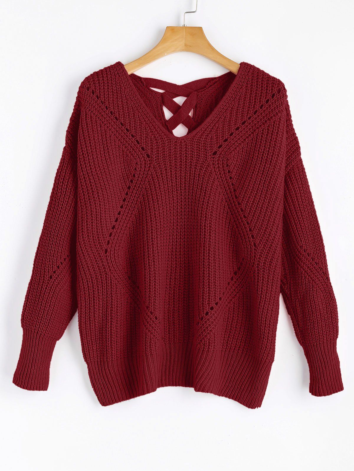

V Neck Criss Cross Sheer Sweater, Wine red