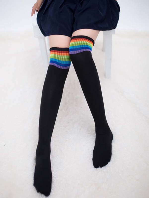 

Pair of Rainbow Striped Knee Highs Socks, Black
