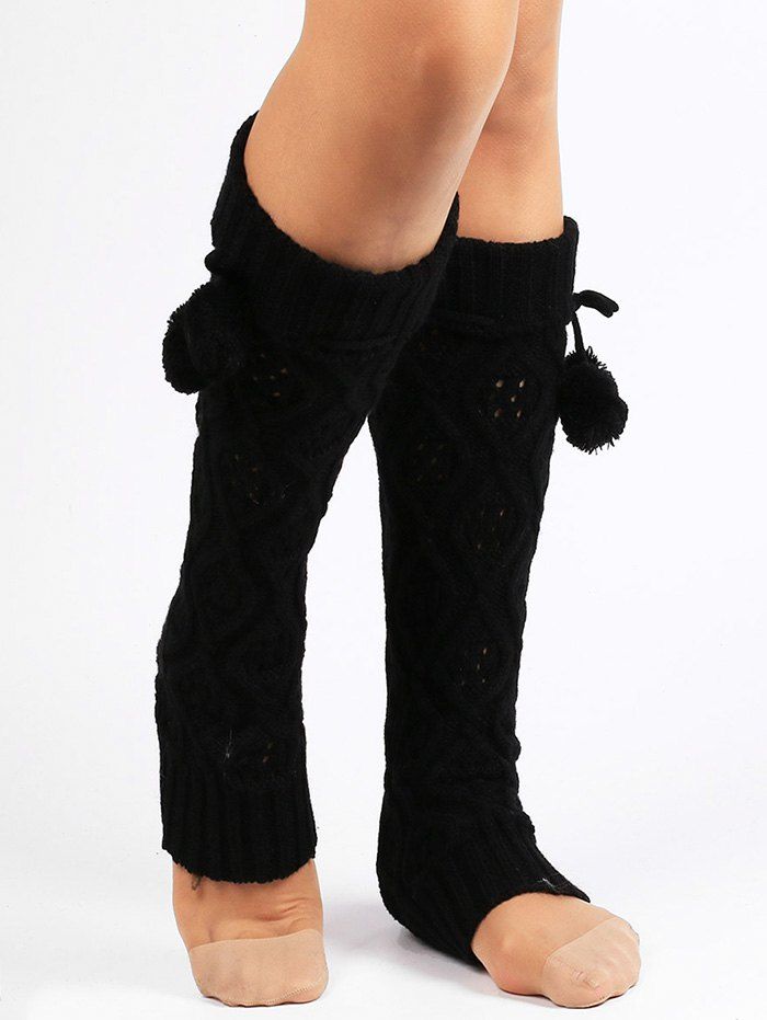 

Fuzzy Ball Decorated Hollow Out Knitted Leg Warmers, Black