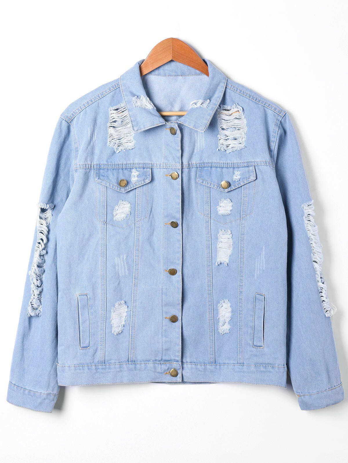 

Button Up Distressed Denim Jacket, Denim blue