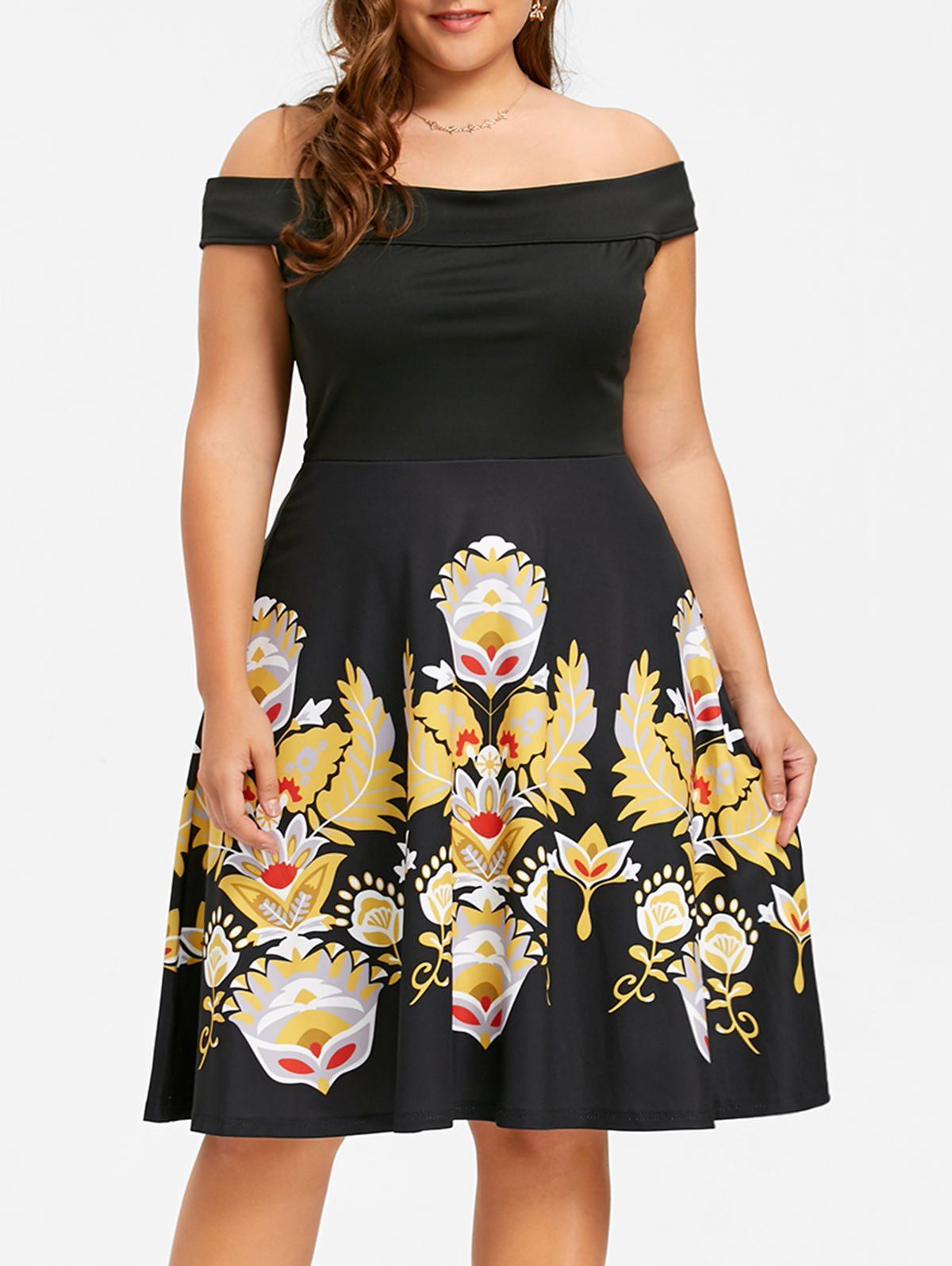

Plus Size Floral Off The Shoulder Party Wear Dress, Black