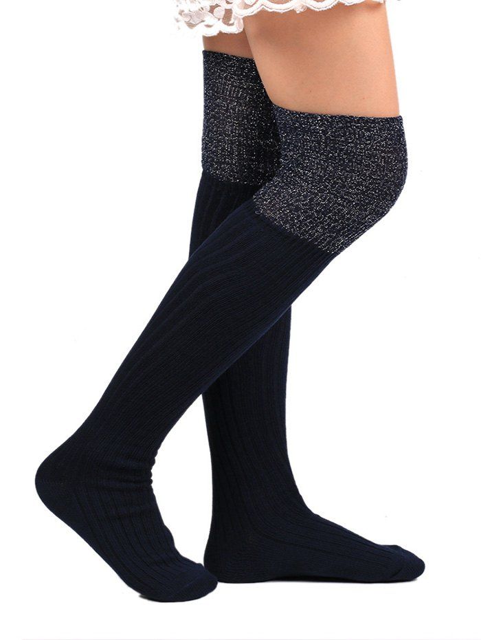 

Ribbed Knitted Plain Stockings, Purplish blue