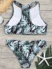 Zip High Neck Leaves Print Bikini Set -  