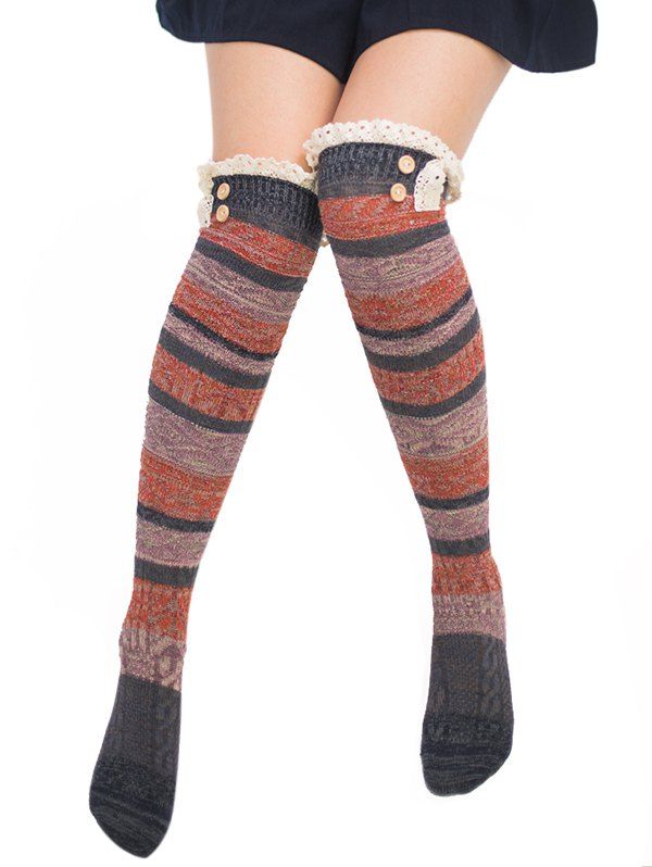 

Pair of Button Decorated Lace Edge Knee Highs Socks, Deep gray