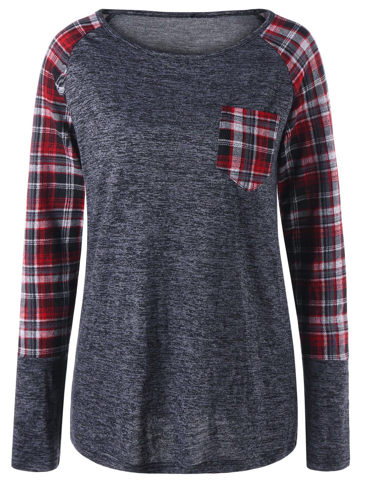 

Plaid Patch Pocket Raglan Sleeve Top, Gray