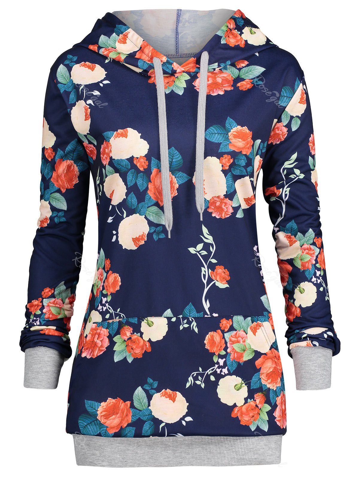 

Kangaroo Pocket Plus Size Floral Hoodie, Blue