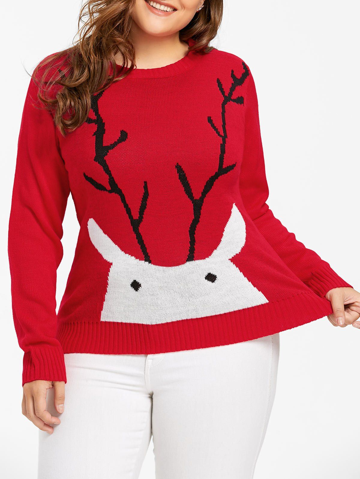 

Christmas Elk Printed Plus Size Sweater, Red