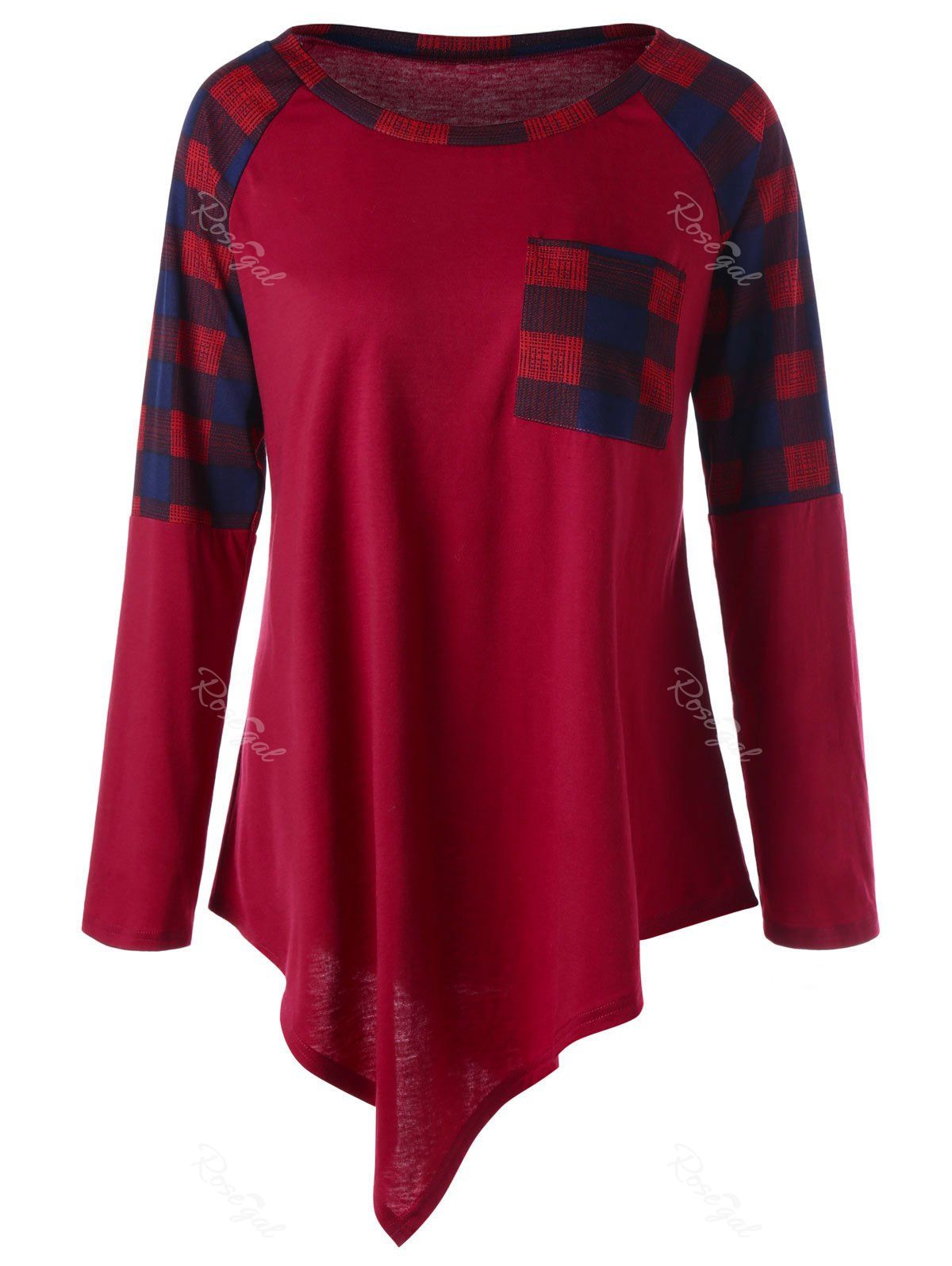 

Plus Size Raglan Sleeve Plaid Asymmetrical Top, Wine red