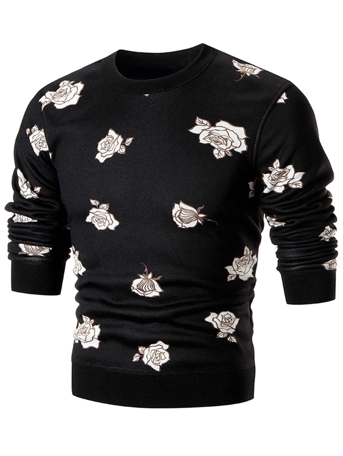

Rose Print Crew Neck Knitted Pullover Sweater, Black
