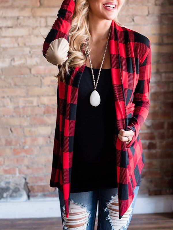 

Checked Elbow Patch Cardigan, Red