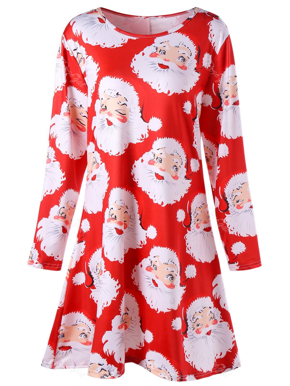 

Santa Claus Print Mini Plus Size Swing Skater Dress, Red