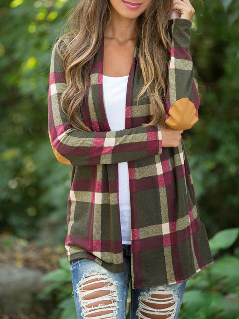 

Elbow Patch Plaid Tunic Cardigan, Colormix