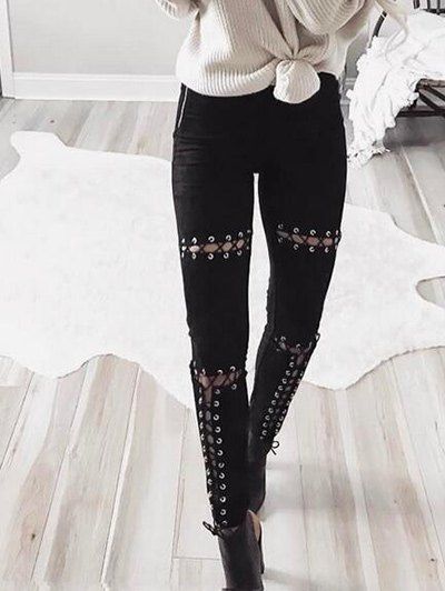 

Faux Suede High Waist Lace Up Pants, Black
