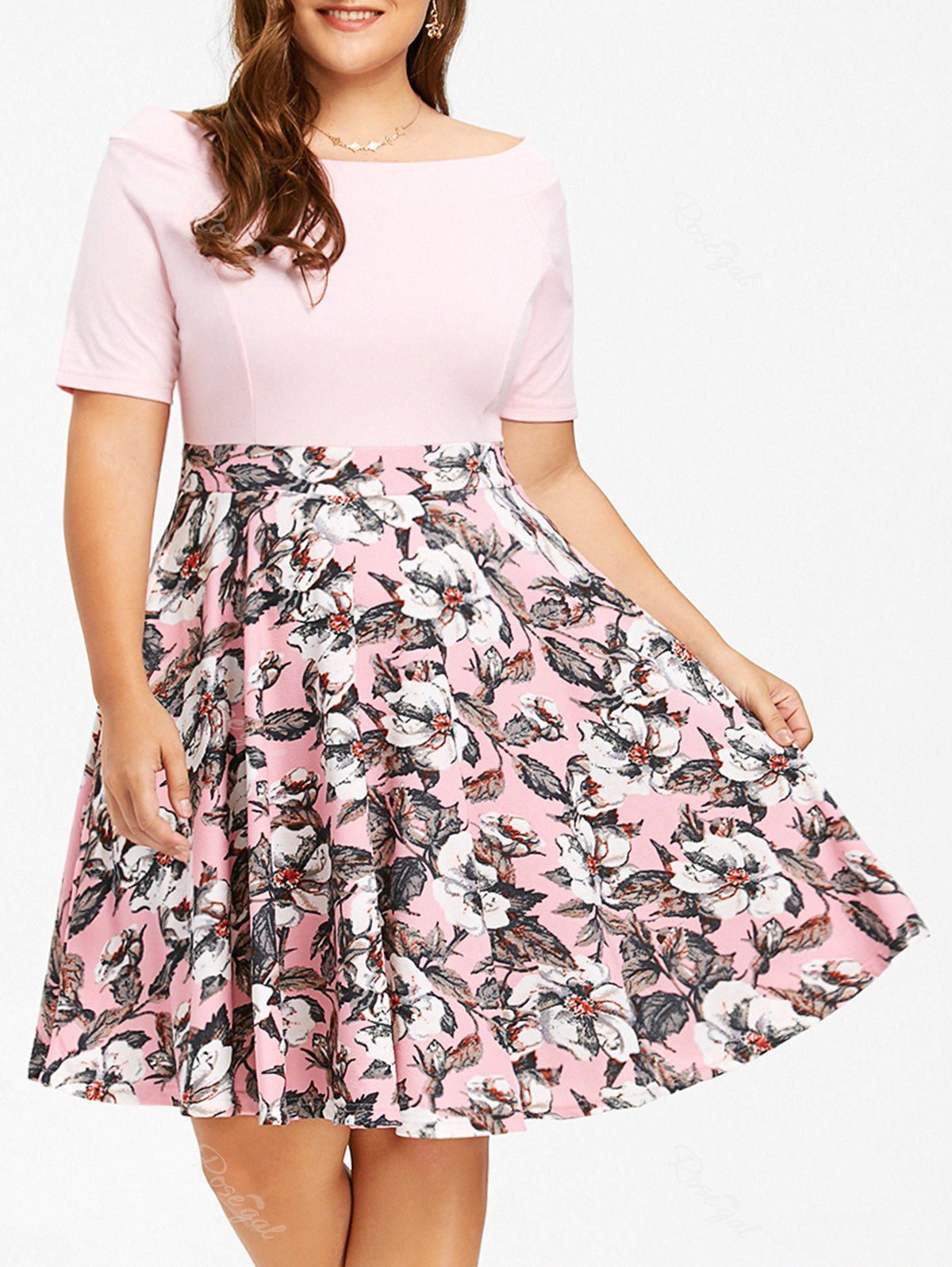 

Plus Size Floral Print Boat Neck Dress, Pink