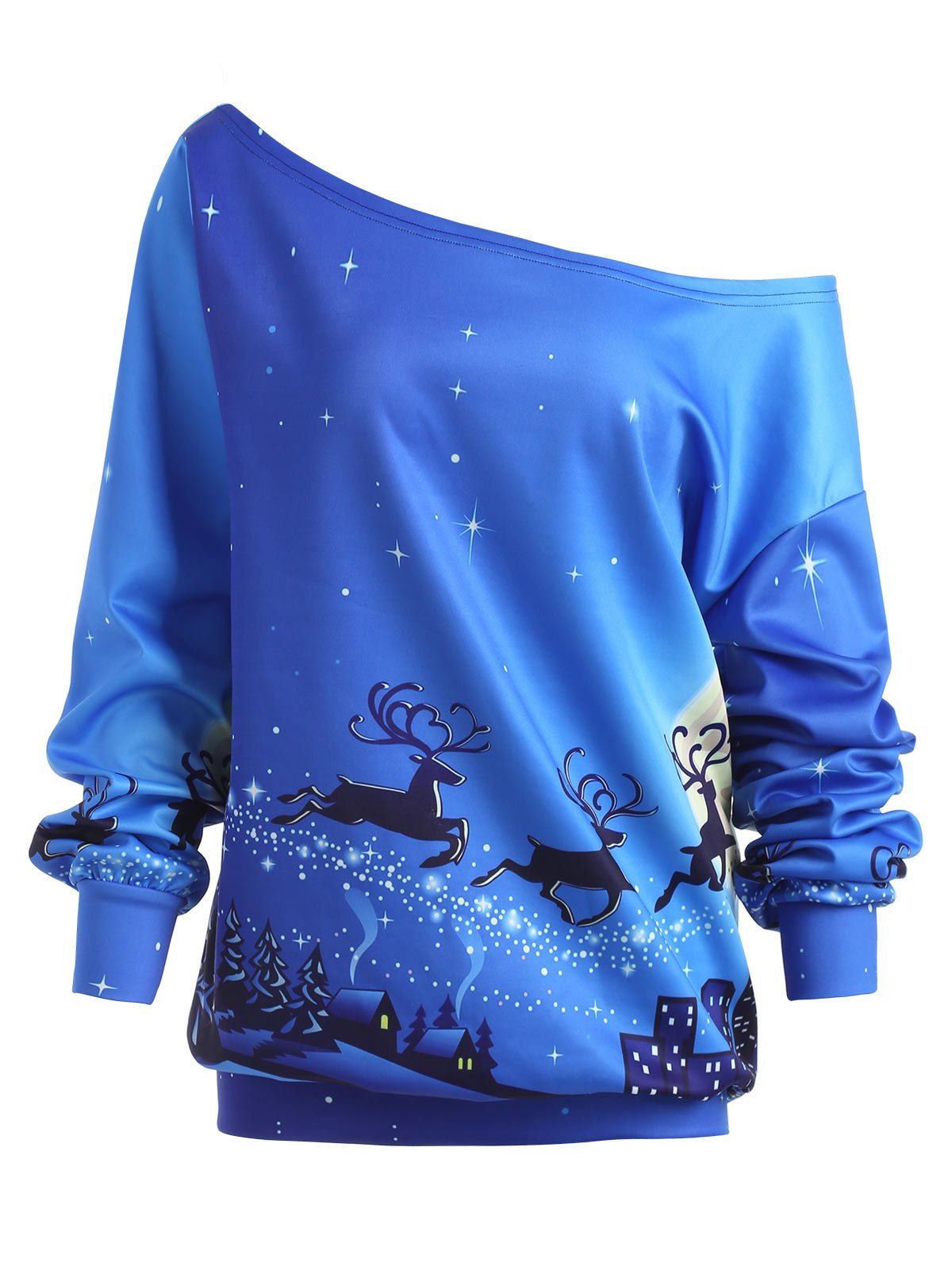 

Plus Size Christmas Day ELK Skew Neck Sweatshirt, Blue