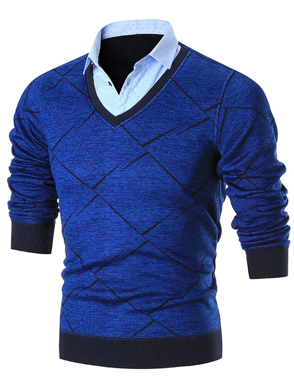 

Fake Two Piece Knitted Shirt Collar Sweater, Blue
