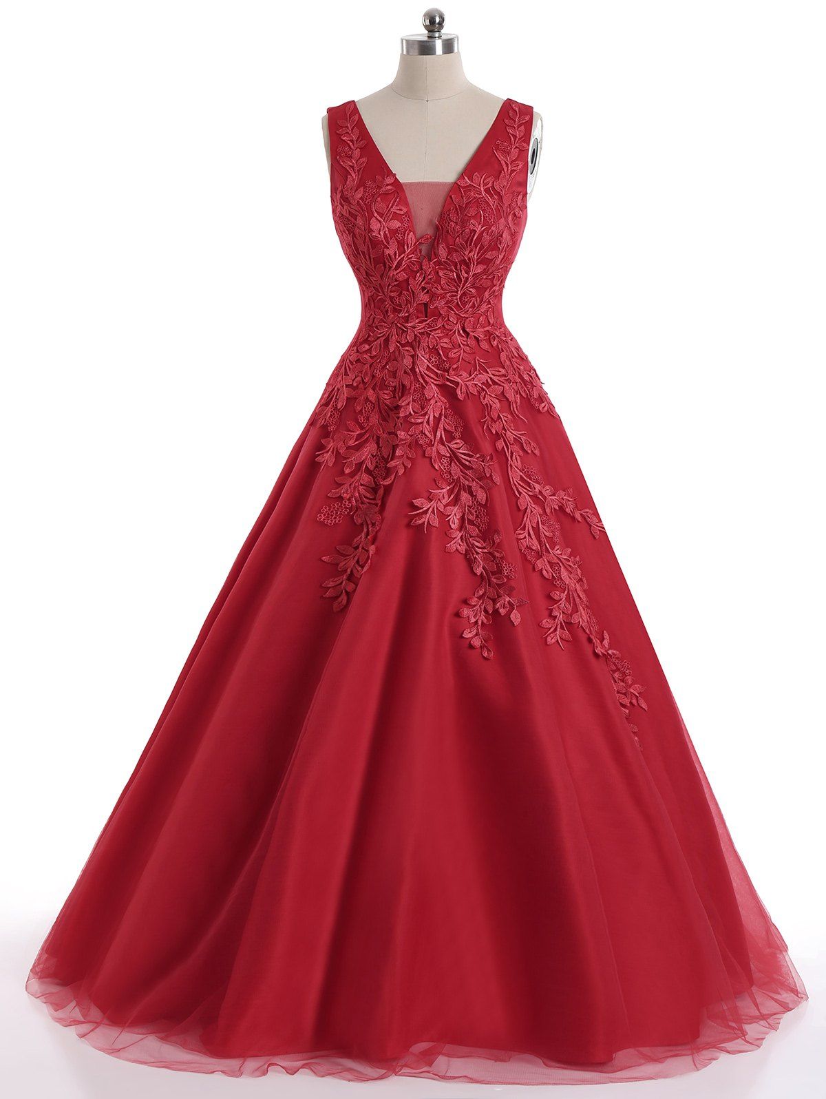 

Sleeveless Floral Applique Mesh Maxi Evening Dress, Red