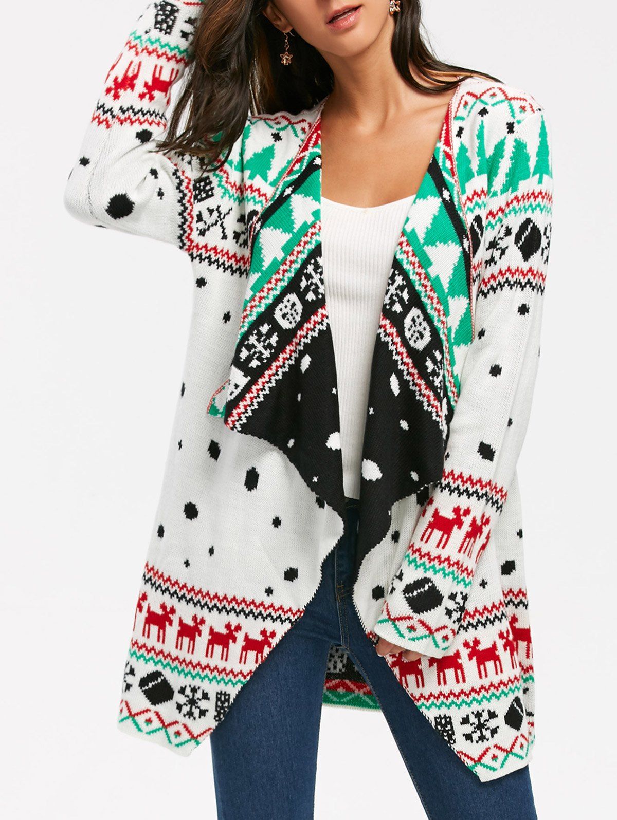 

Christmas Graphic Knitted Draped Tunic Cardigan, White