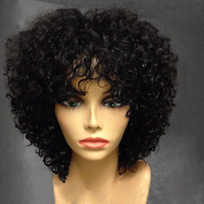 

Short Side Bang Fluffy Afro Curly Synthetic Wig, Full black