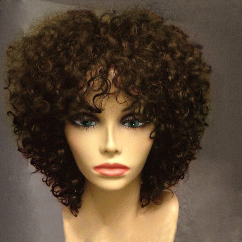 

Short Side Bang Fluffy Afro Curly Synthetic Wig, Brown