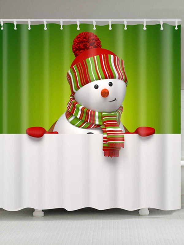 

Waterproof Polyester Snowman Christmas Print Bath Curtain, White and green