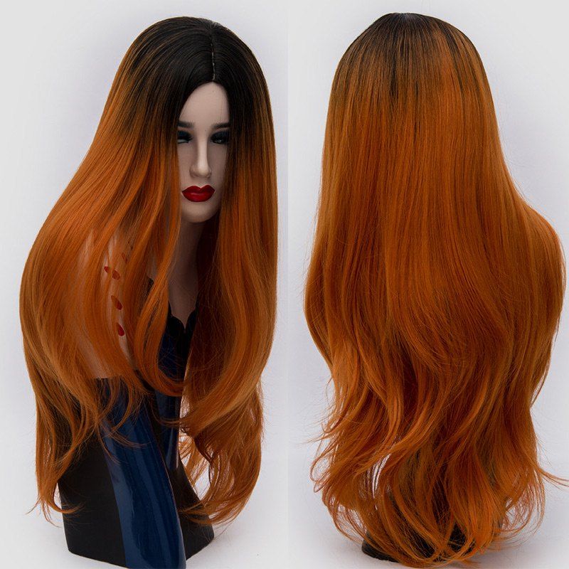 

Long Center Parting Ombre Slightly Curly Synthetic Party Wig, Jacinth
