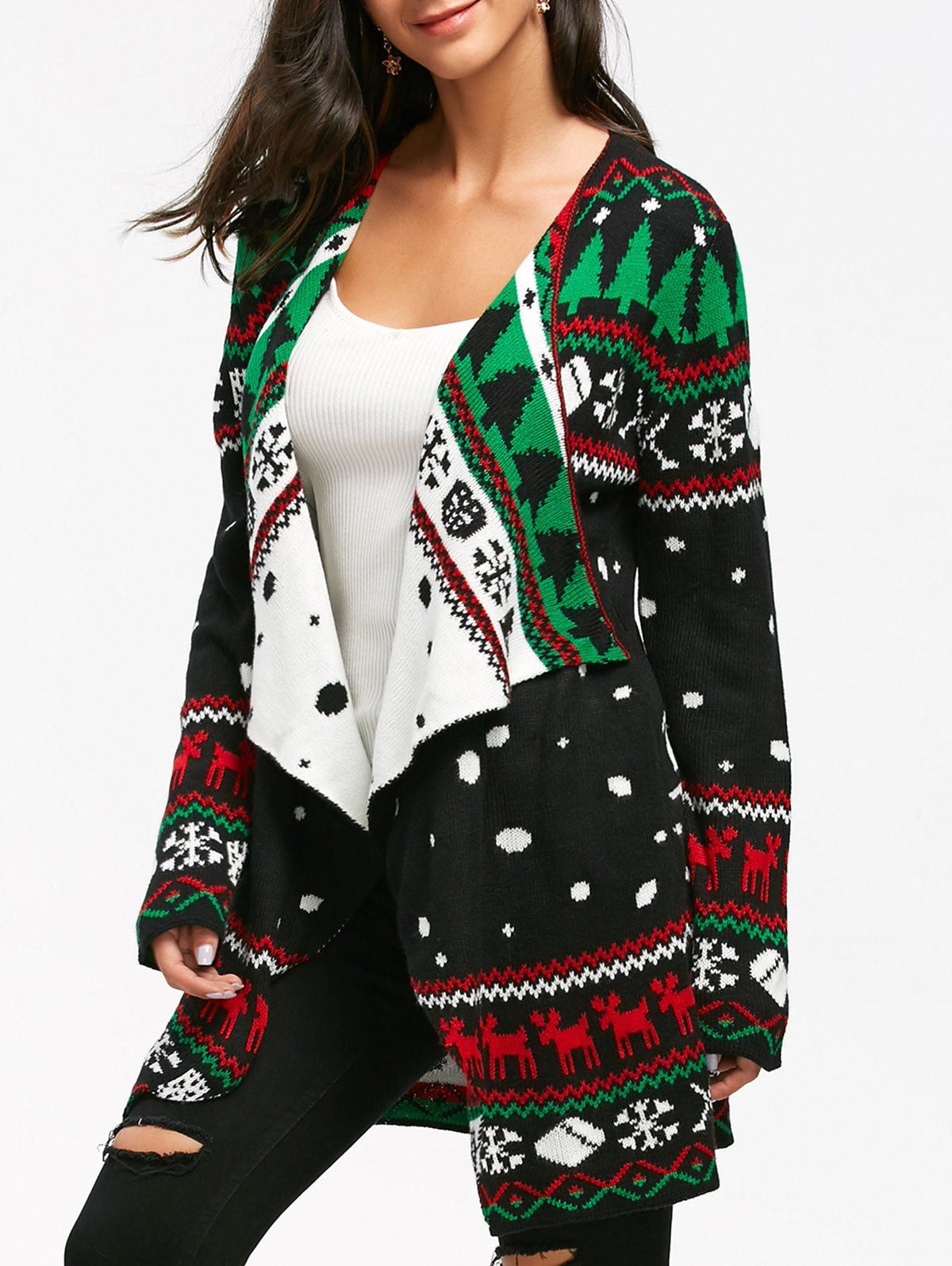 

Christmas Graphic Knitted Tunic Draped Cardigan, Black