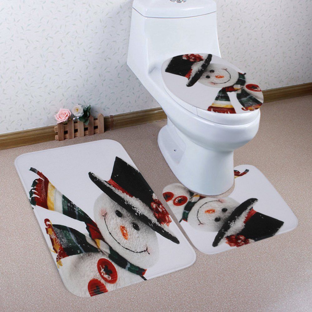 

Christmas Smile Snowman Pattern 3 Pcs Bath Mat Toilet Mat, Colormix