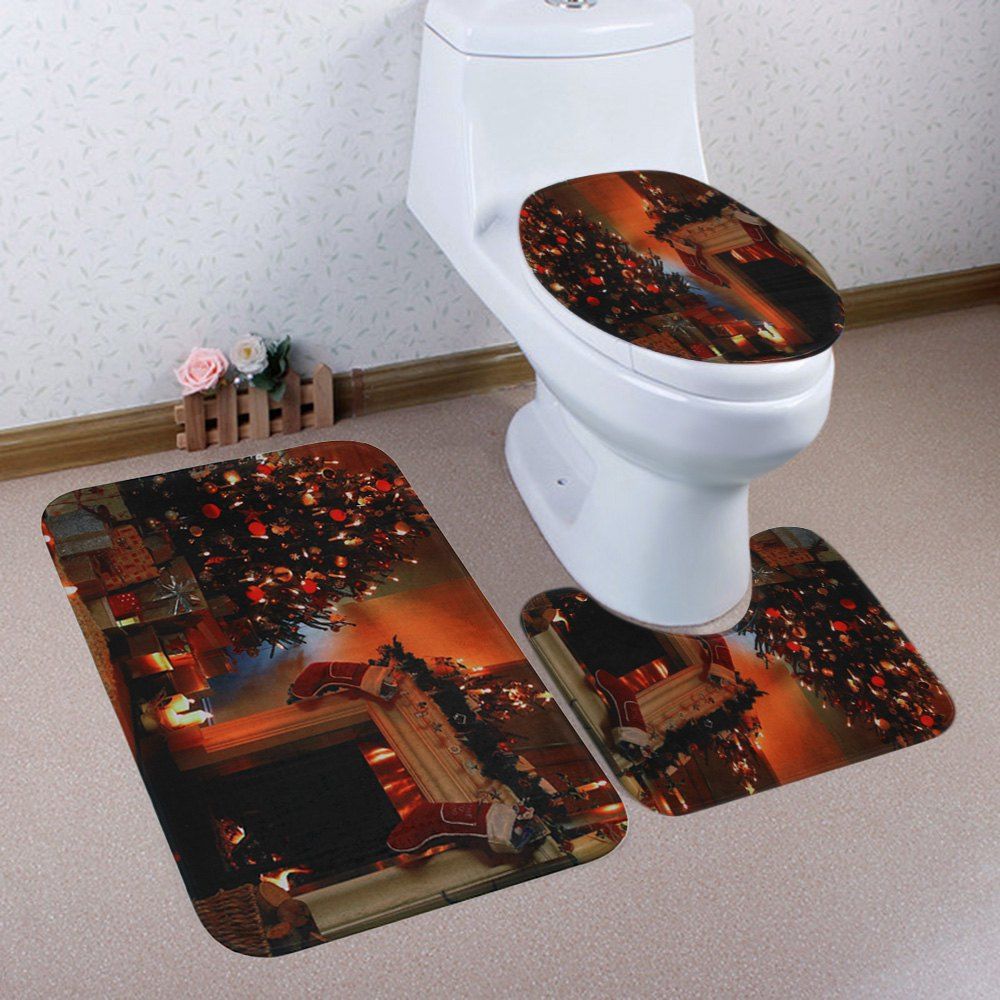 

Christmas Tree Fireplace Pattern 3 Pcs Bath Mat Toilet Mat, Brown