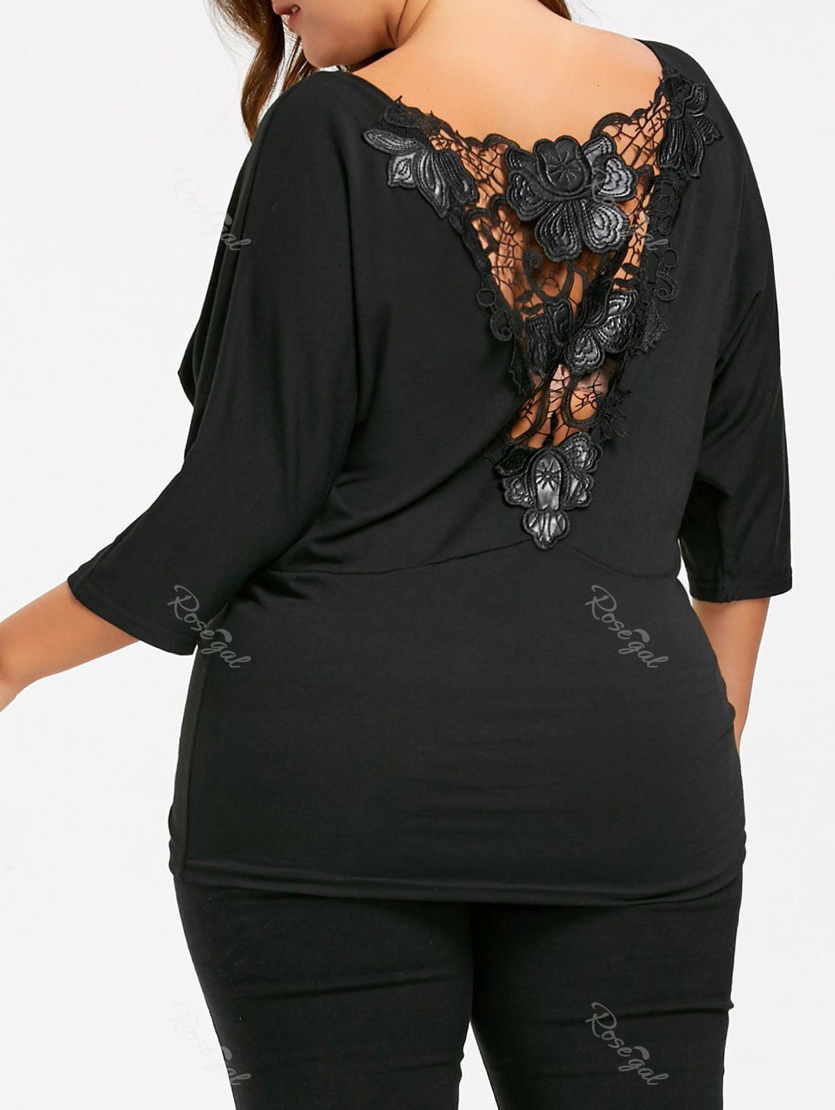 

Back Lace Crochet Plus Size Batwing T-shirt, Black