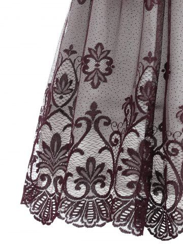 

V Neck Floral Lace Panel Vintage Dress, Wine red