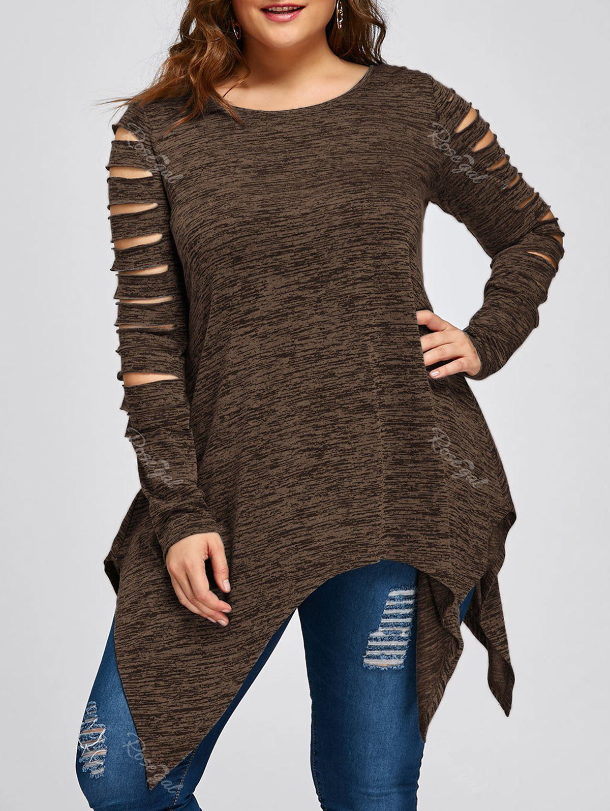 

Plus Size Ripped Sleeve Marled Handkerchief Top, Coffee