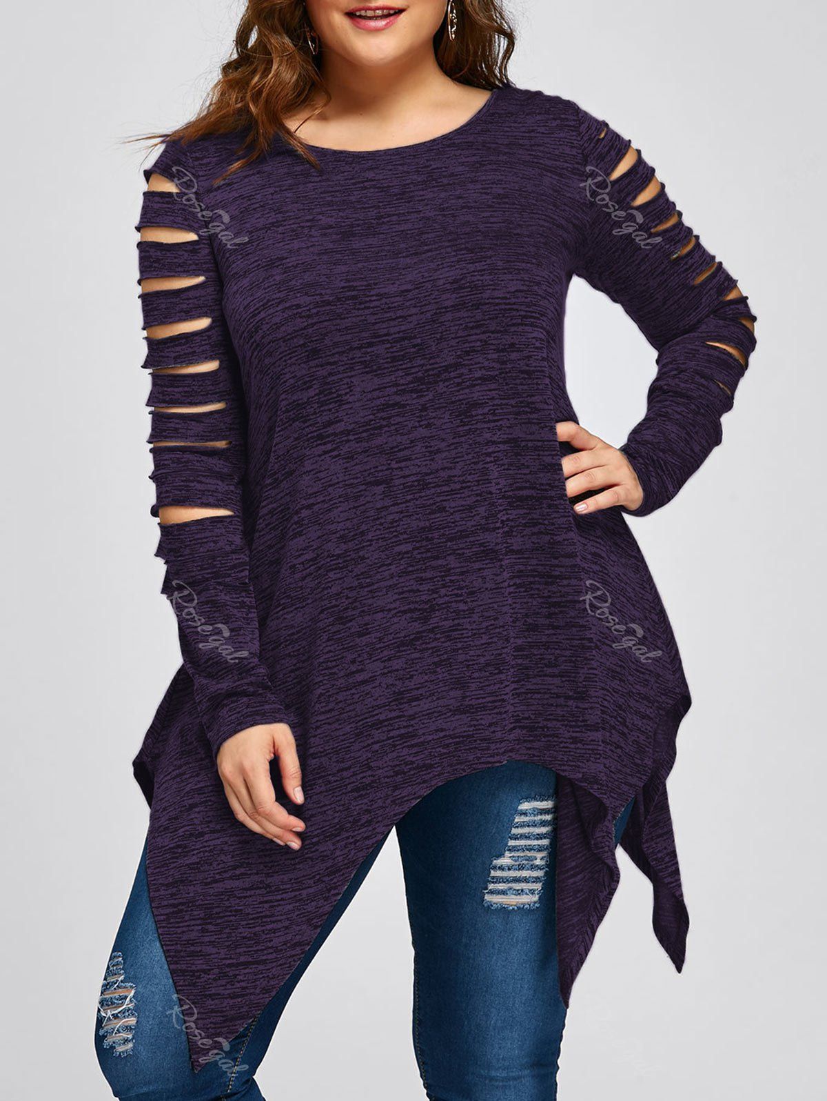 

Plus Size Ripped Sleeve Marled Handkerchief Top, Purple