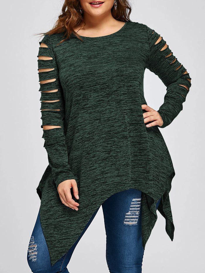 

Plus Size Ripped Sleeve Marled Handkerchief Top, Deep green
