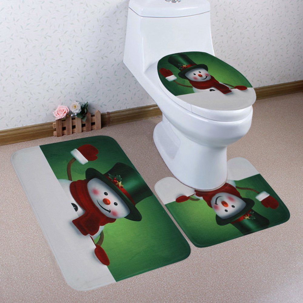 

Christmas Snowman Greet Pattern 3 Pcs Bath Mat Toilet Mat, Colormix