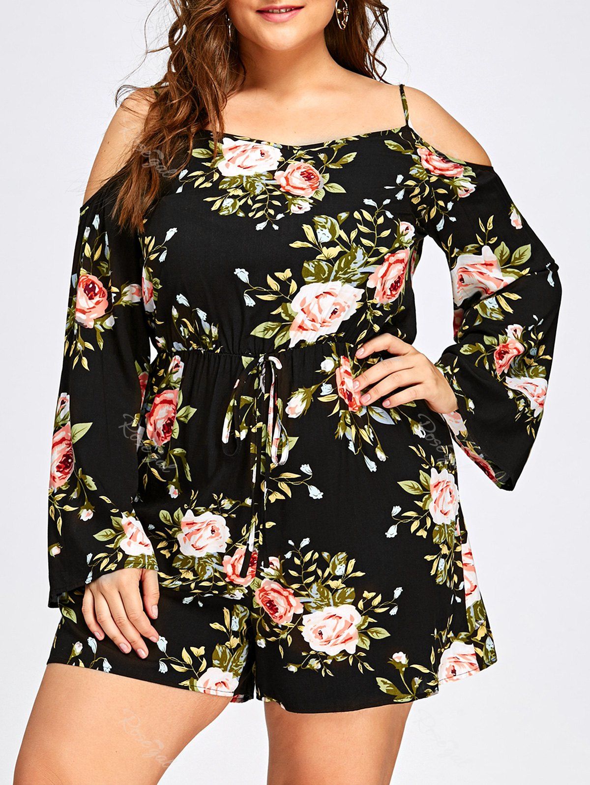 

Plus Size Cold Shoulder Floral Bohemian Romper, Black